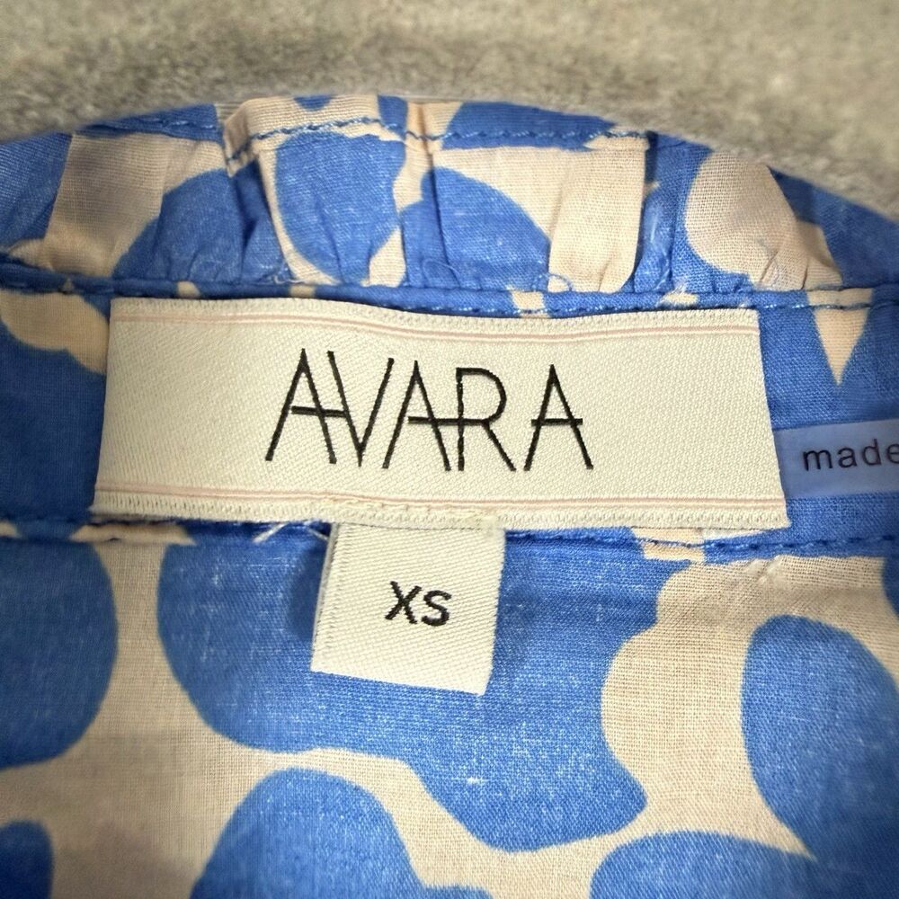 Avara Flutter Sleeve Pleated Blouse Women Size XS Blue White Cotton Button Front - Picture 6 of 12